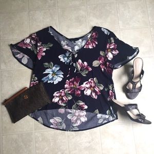 NWOT Navy Blue Floral High-Low Criss-Cross Blouse
